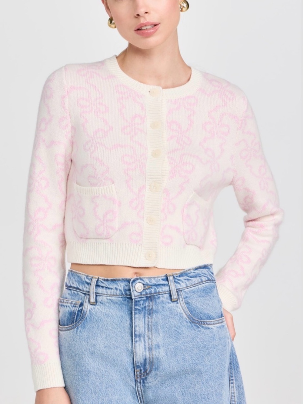 LoveShackFancy Veronika Bow Cream & Pink Knit Cardigan